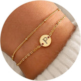 Dainty 16K Gold Plated Layered Beaded Letter Initial Bracelet| Gold Initial Bracelets for Women Girls