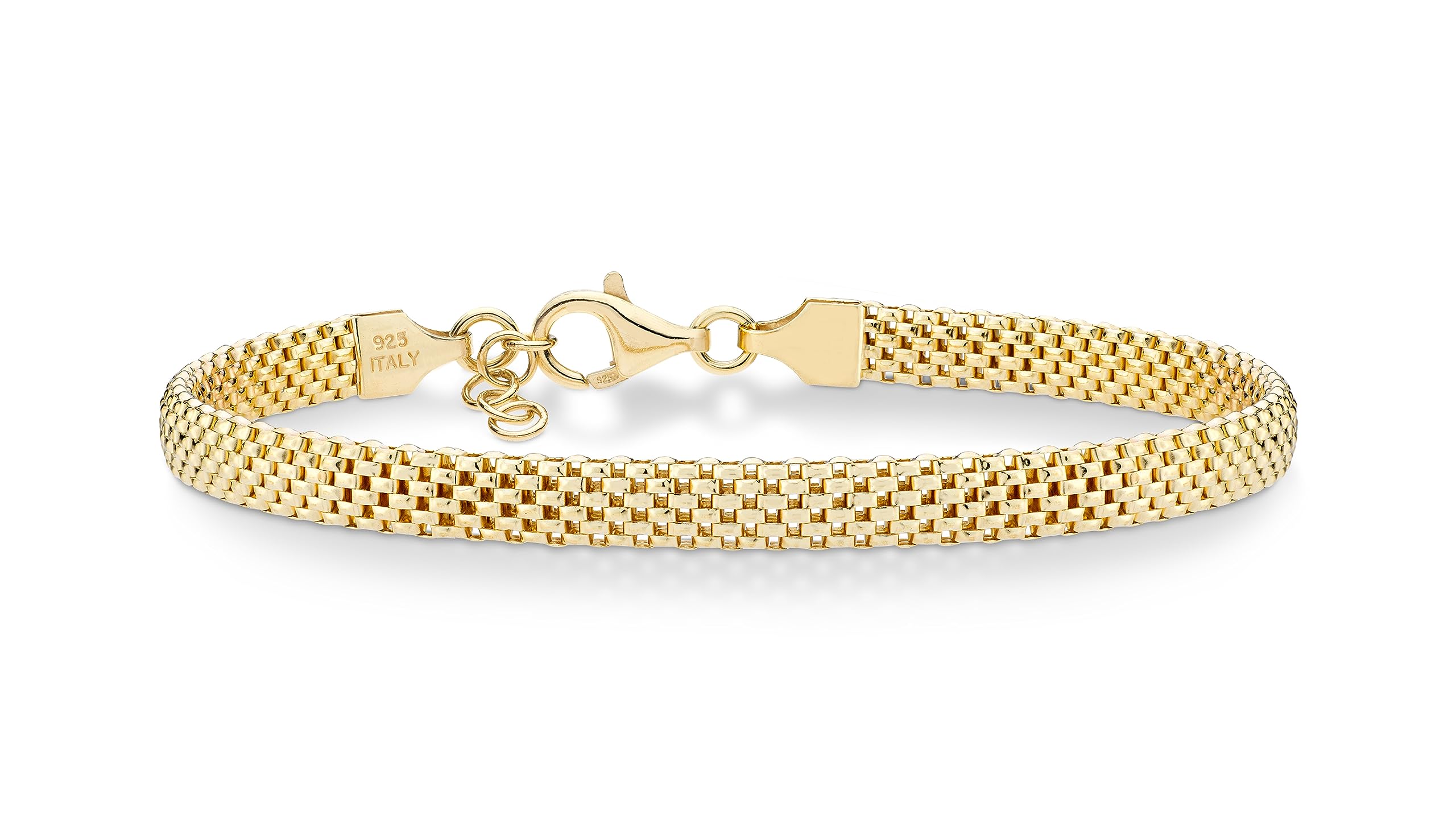 18K Gold Over Sterling Silver Italian 5mm Mesh Link Chain Bracelet for Women, 925 Made in Italy