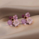 Purple Crystal Flower Stud Earrings For Woman