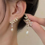 Leaves Crystal Flower Stud Earrings For Women