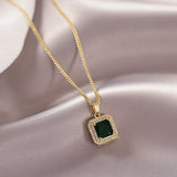 Green Micro Set Zircon Geometric Square Pendant  for Women Chain Necklaces