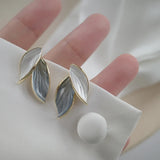 Metal Trendy Fresh Lovely Sweet Grey Leaf Stud Earrings for Women